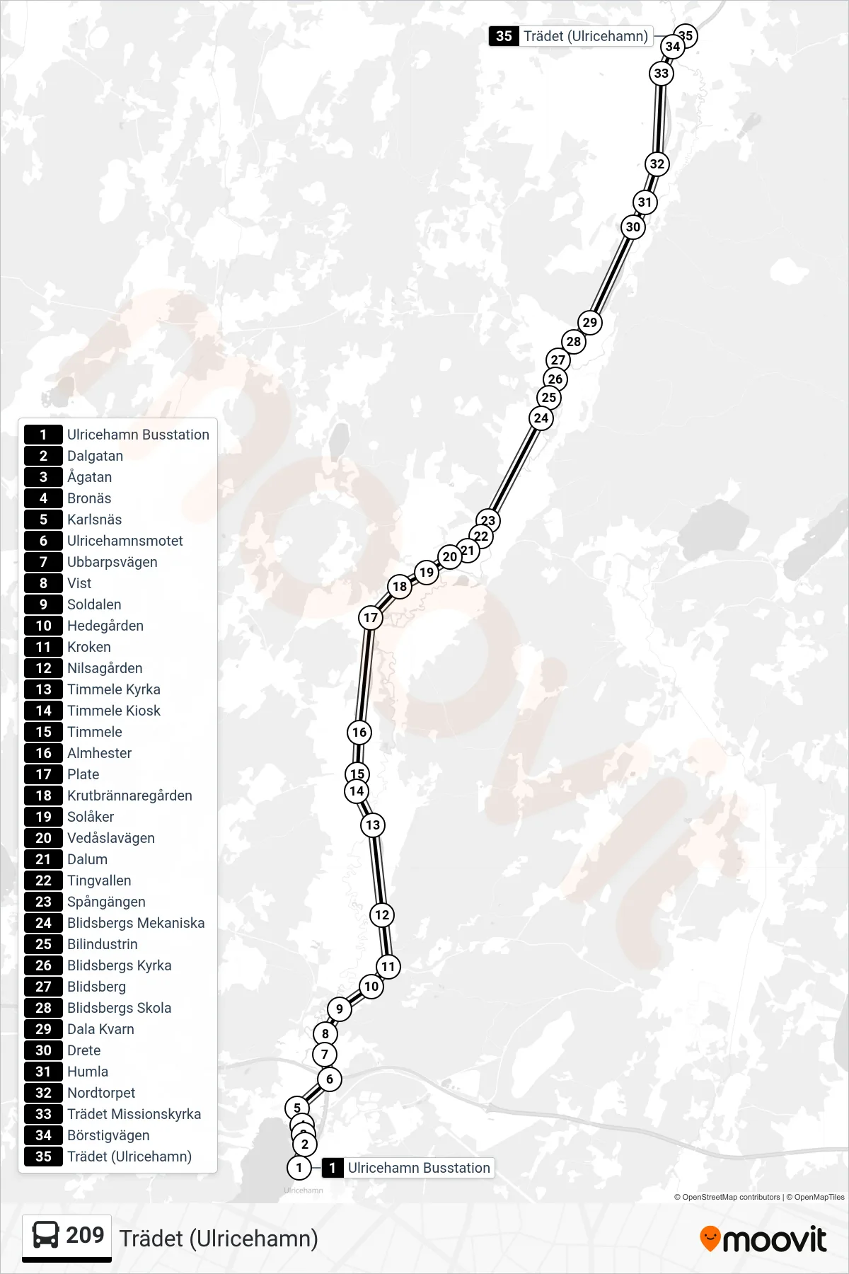 Rutt och hållplatser på karta för linje 209 spårvagn, (Trädet (Ulricehamn))