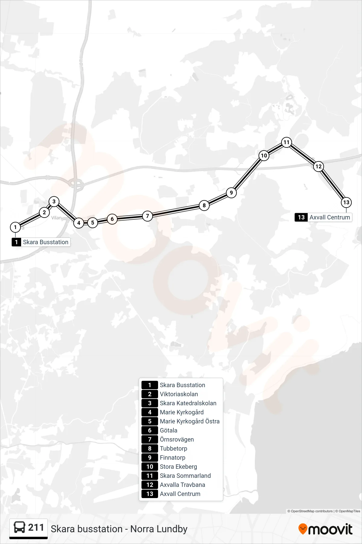 Rutt och hållplatser på karta för linje 211 spårvagn, (Axvall Centrum)