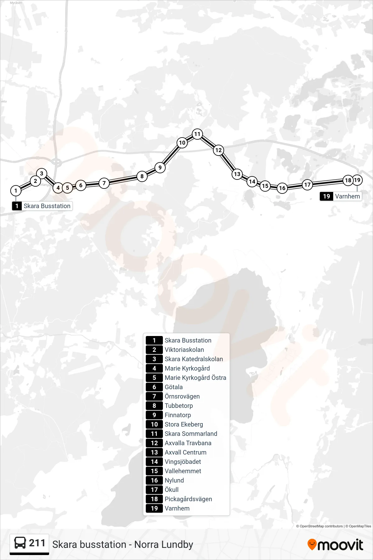 Rutt och hållplatser på karta för linje 211  spårvagn, (Varnhem)