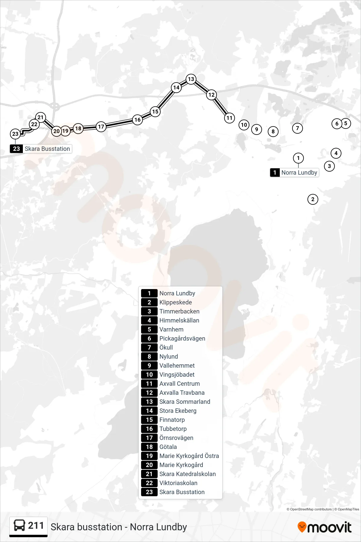 Rutt och hållplatser på karta för linje 211  spårvagn, (Skara Busstation)