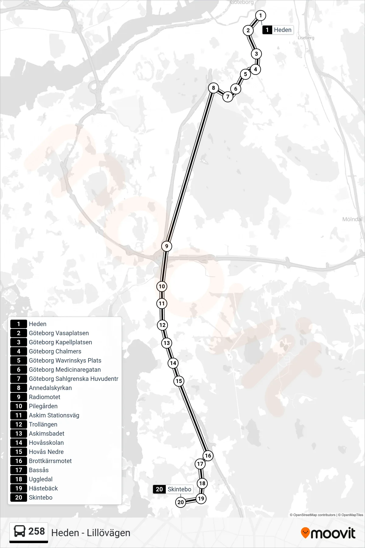 Rutt och hållplatser på karta för linje 258  spårvagn, (Skintebo)
