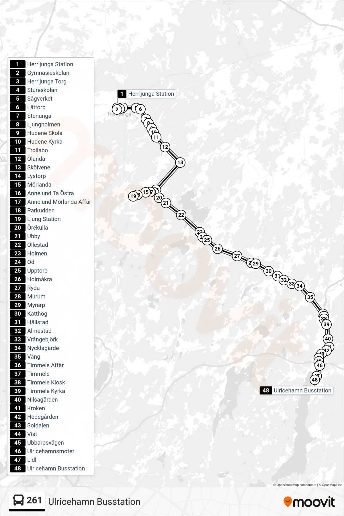 Rutt och hållplatser på karta för linje 261  spårvagn, (Ulricehamn Busstation)