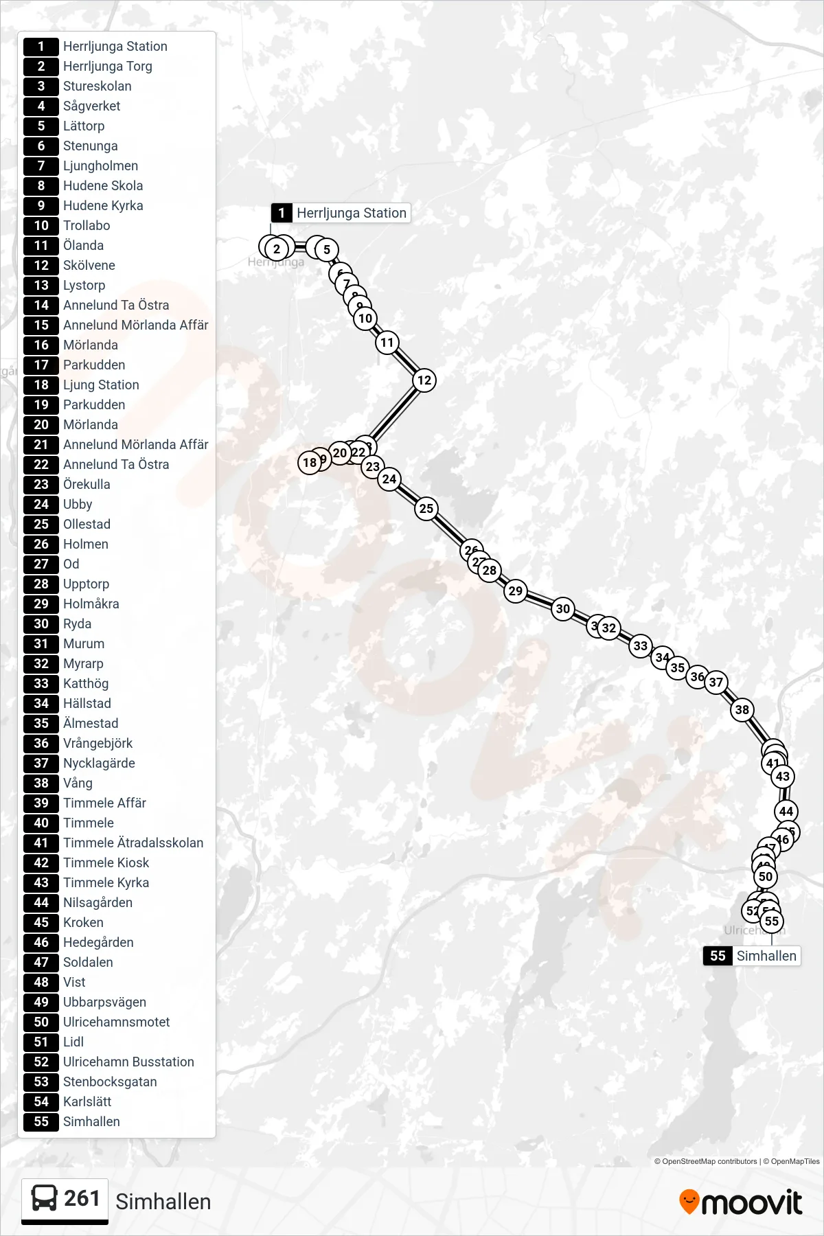 Rutt och hållplatser på karta för linje 261 spårvagn, (Simhallen)