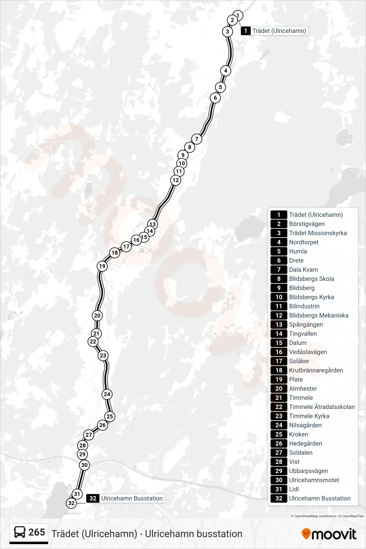 Rutt och hållplatser på karta för linje 265 spårvagn, (Ulricehamn Busstation)