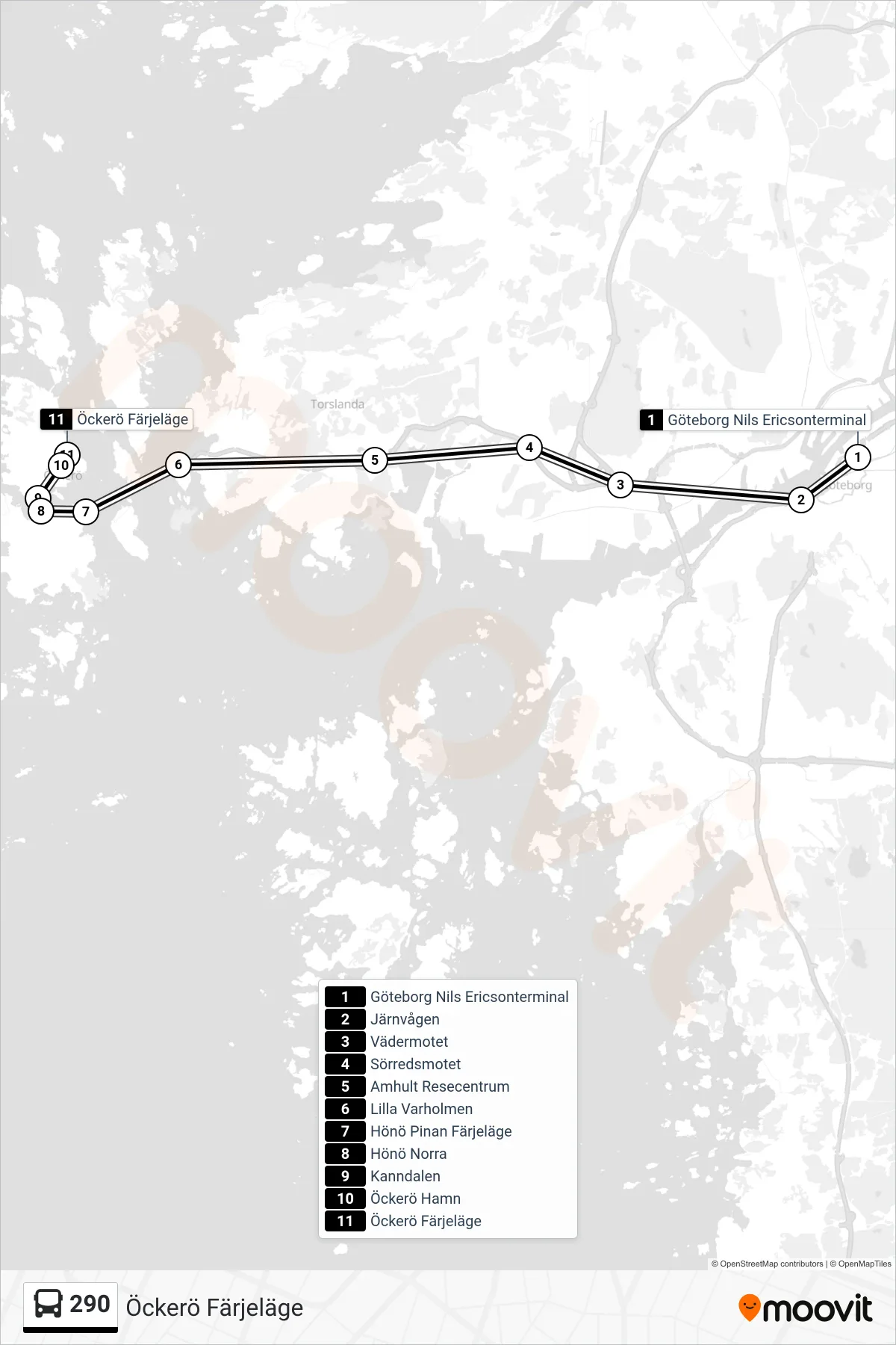 Rutt och hållplatser på karta för linje 290 spårvagn, (Öckerö Färjeläge)