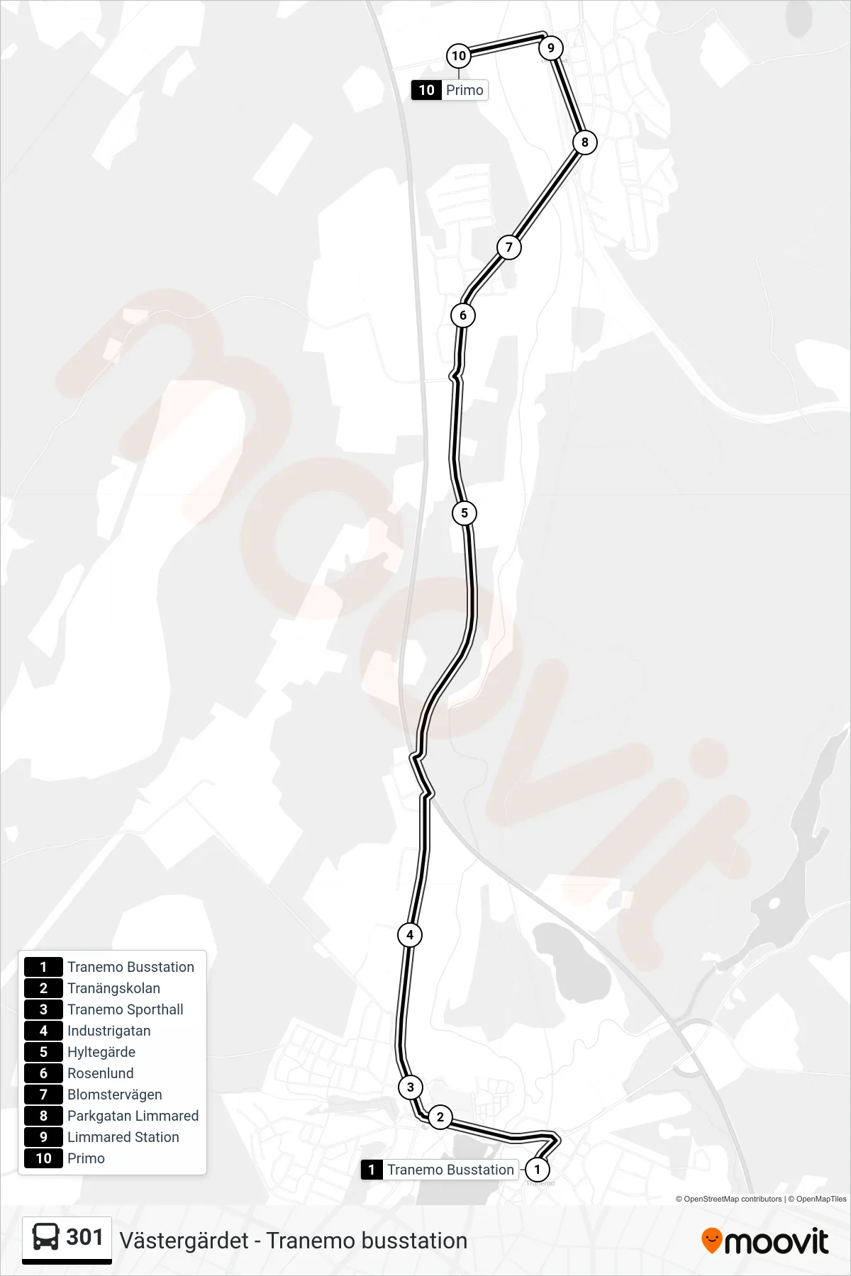 Rutt och hållplatser på karta för linje 301  spårvagn, (Primo)