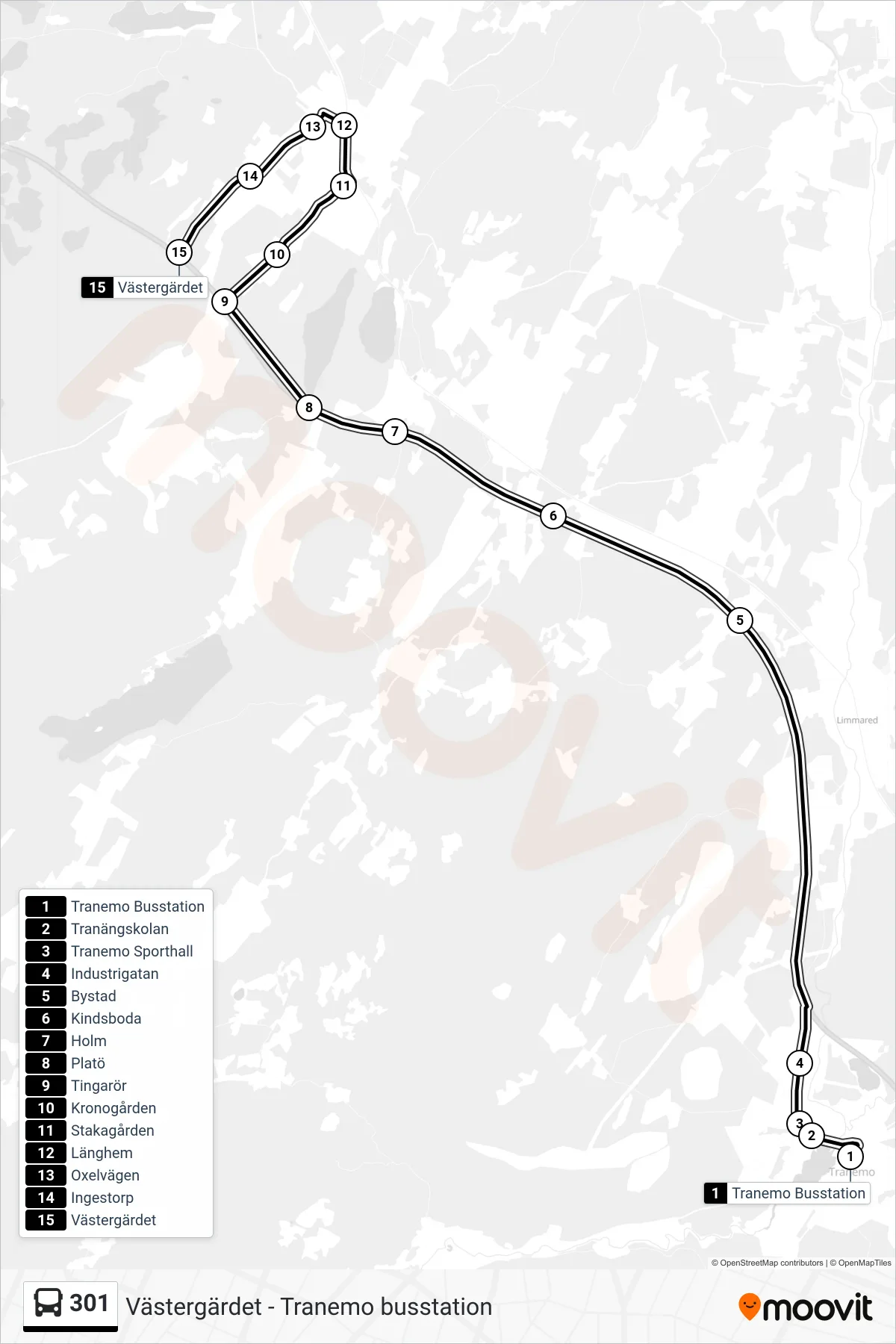 Rutt och hållplatser på karta för linje 301 spårvagn, (Västergärdet)