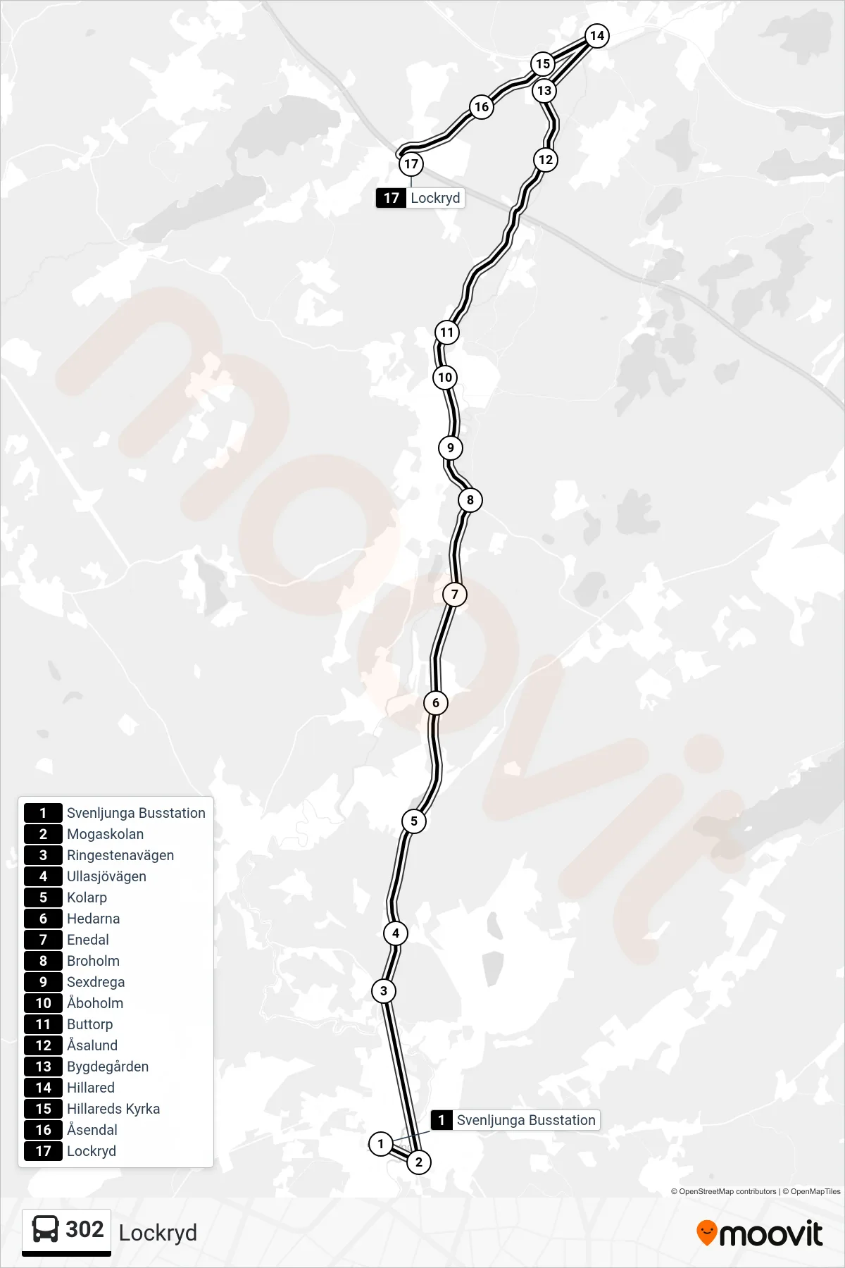 Rutt och hållplatser på karta för linje 302  spårvagn, (Lockryd)