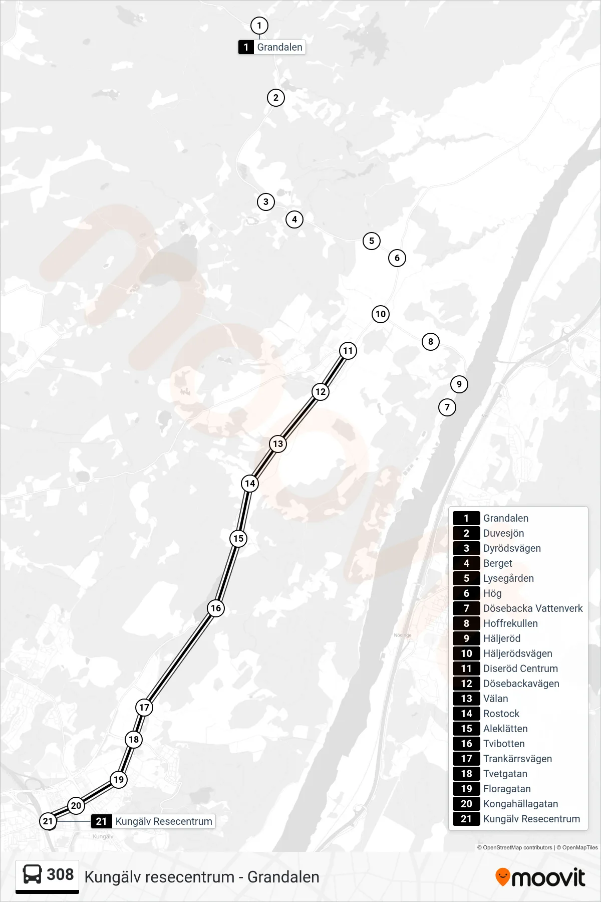 Rutt och hållplatser på karta för linje 308  spårvagn, (Kungälv Resecentrum)