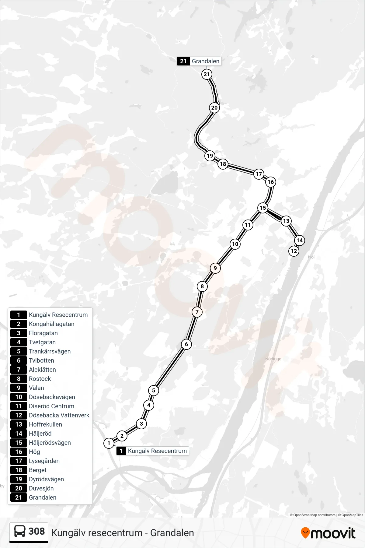 Rutt och hållplatser på karta för linje 308  spårvagn, (Grandalen)