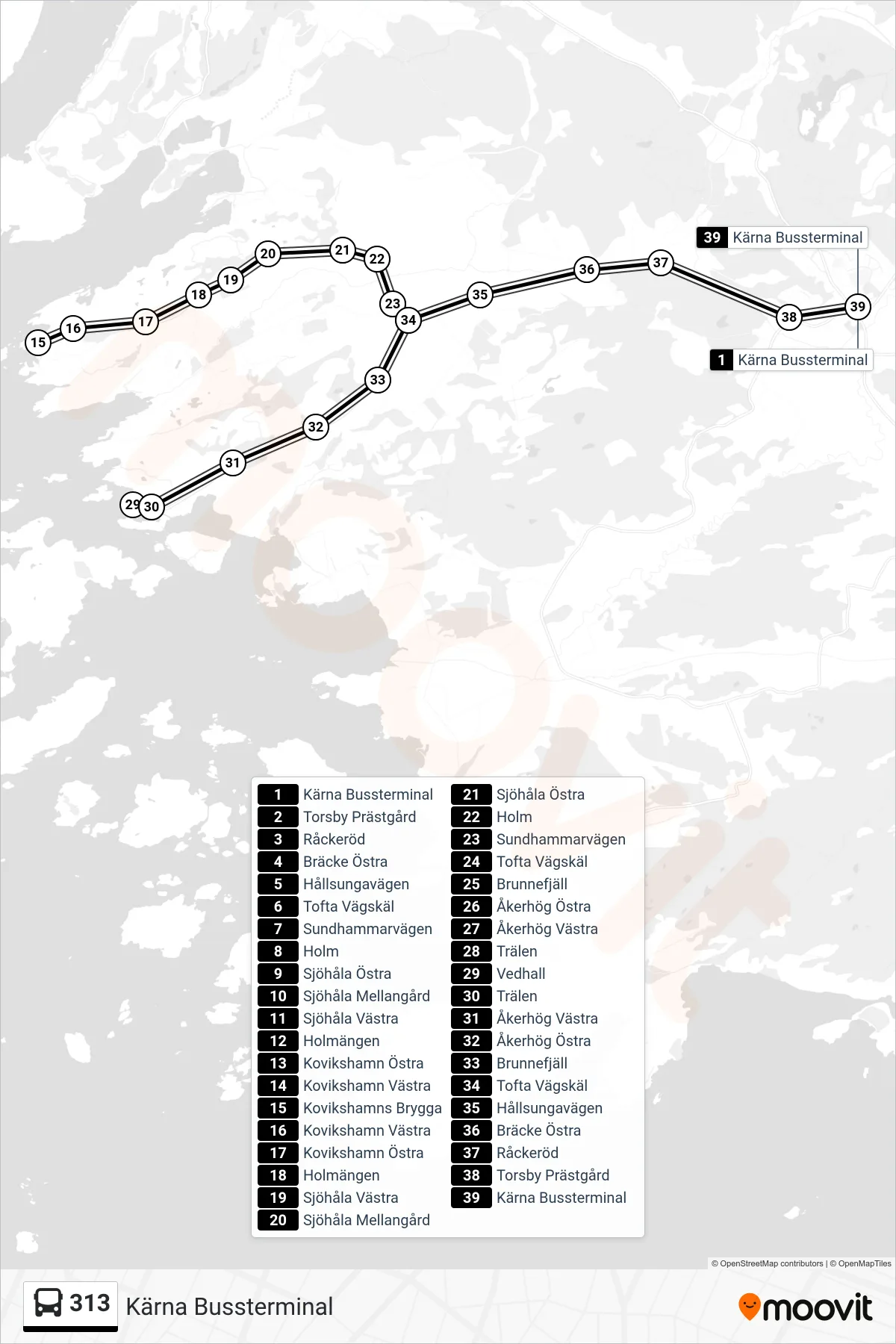 Rutt och hållplatser på karta för linje 313 spårvagn, (Kärna Bussterminal)