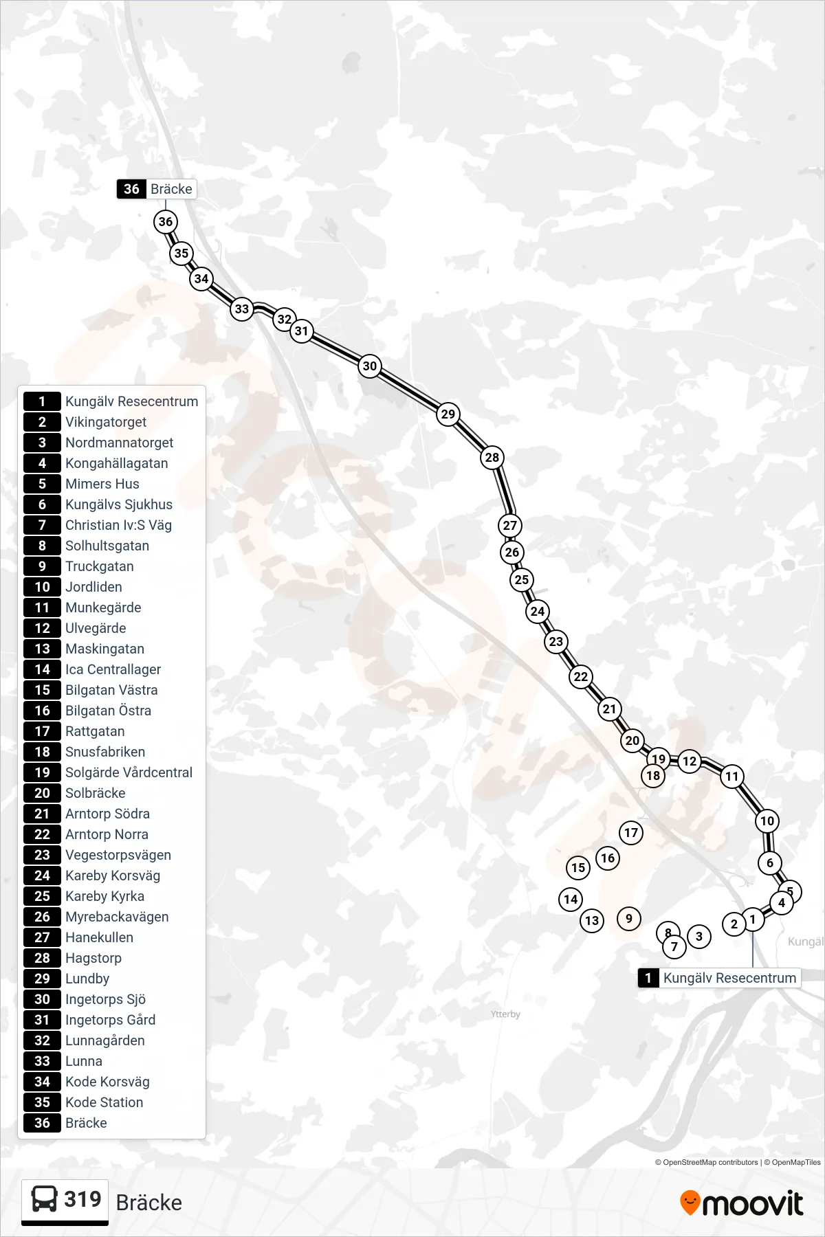 Rutt och hållplatser på karta för linje 319 spårvagn, (Bräcke)
