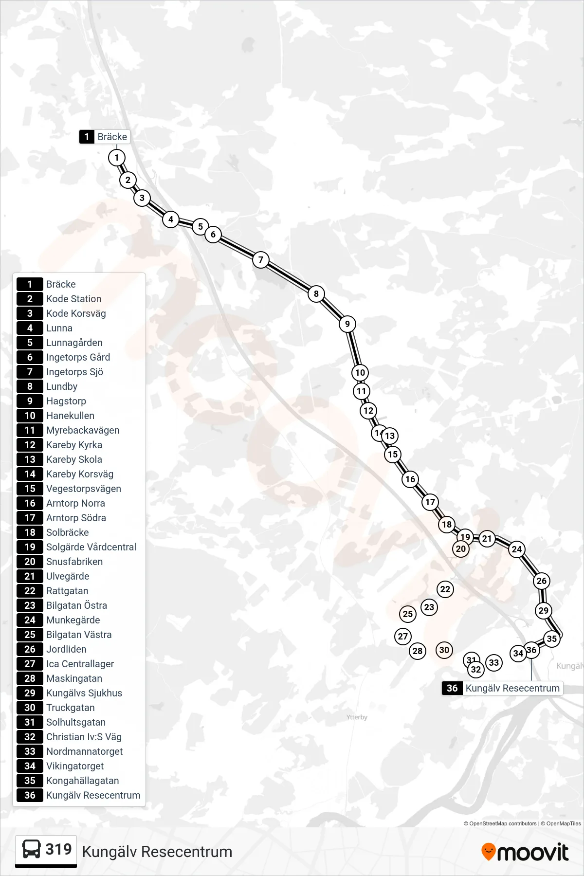Rutt och hållplatser på karta för linje 319 spårvagn, (Kungälv Resecentrum)