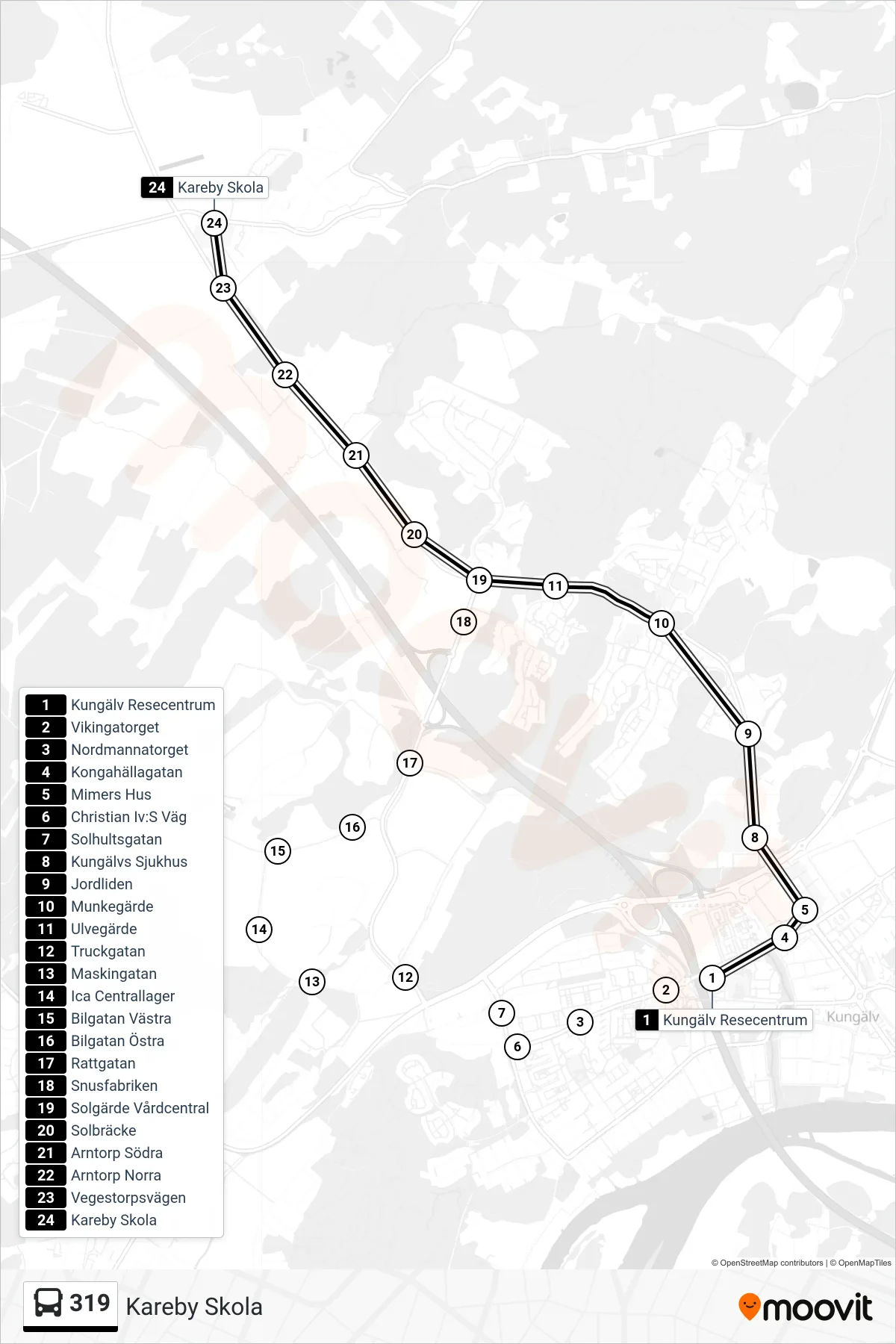 Rutt och hållplatser på karta för linje 319  spårvagn, (Kareby Skola)