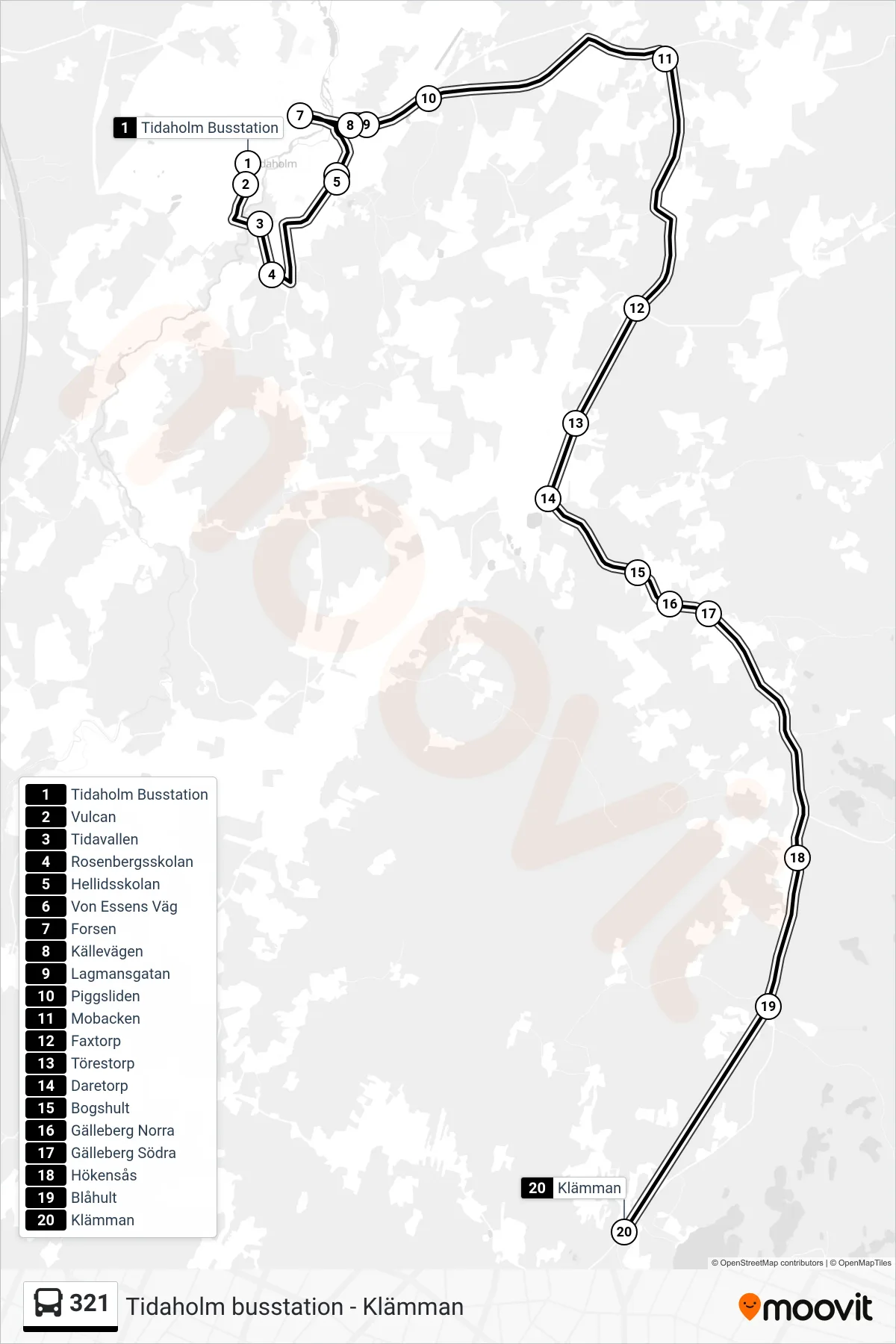 Rutt och hållplatser på karta för linje 321 spårvagn, (Klämman)