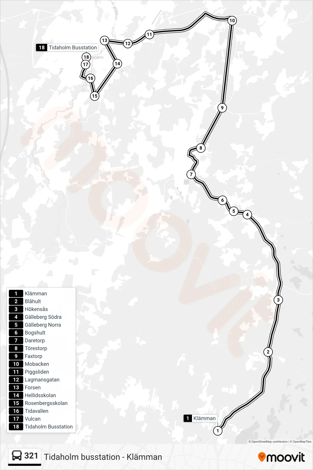 Rutt och hållplatser på karta för linje 321 spårvagn, (Tidaholm Busstation)