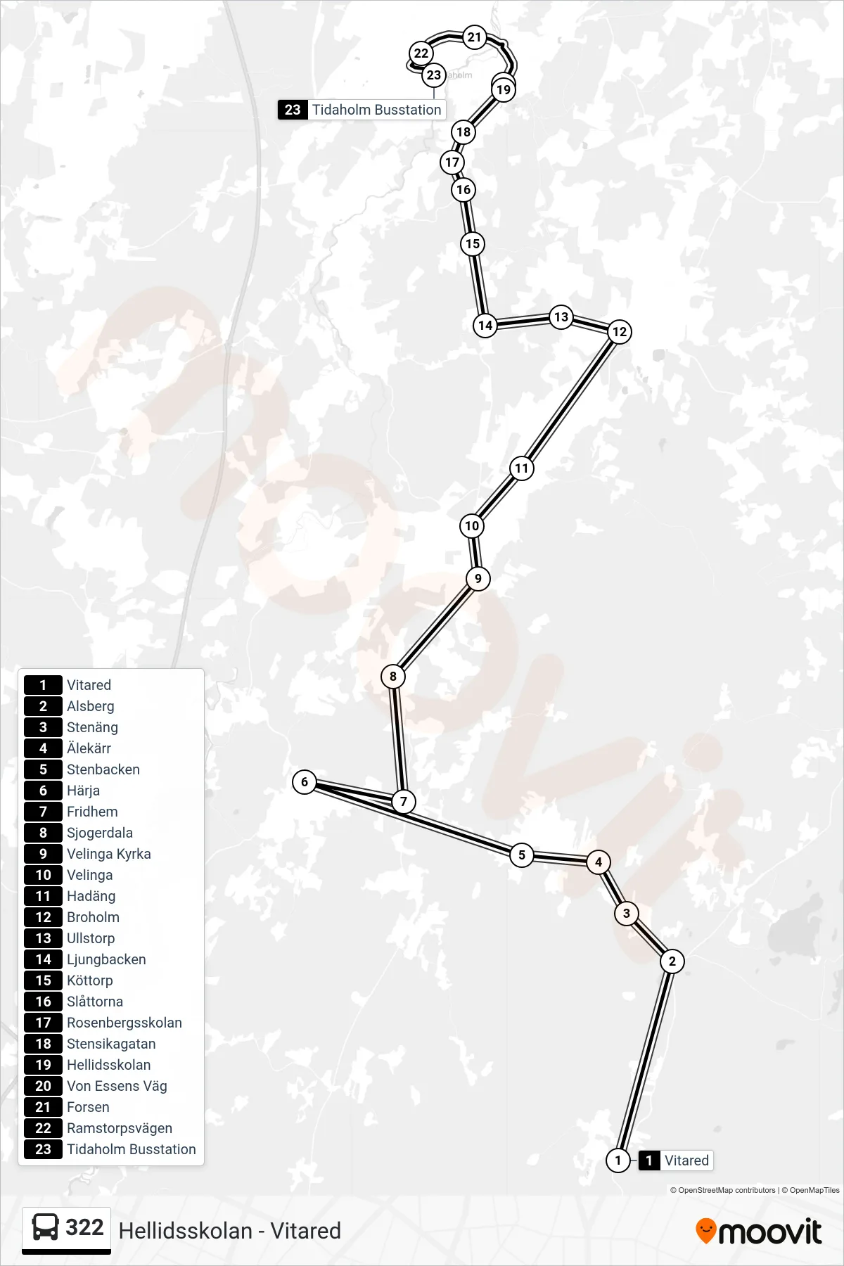 Rutt och hållplatser på karta för linje 322  spårvagn, (Tidaholm Busstation)