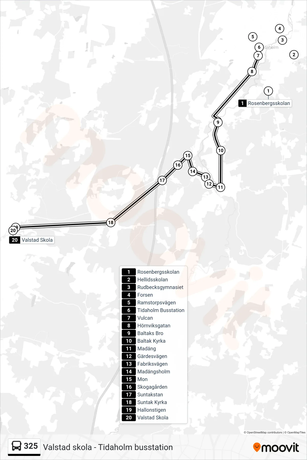 Rutt och hållplatser på karta för linje 325 spårvagn, (Valstad Skola)
