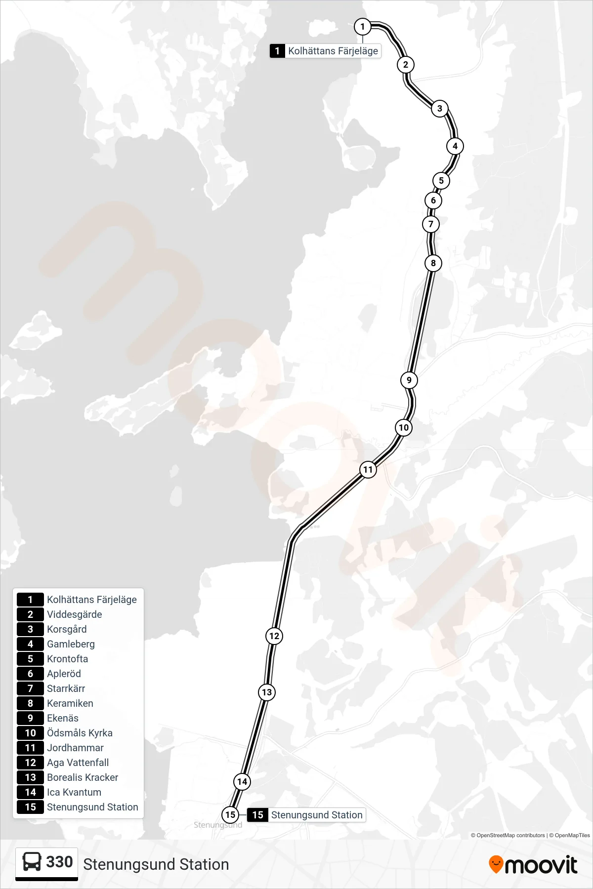 Rutt och hållplatser på karta för linje 330 spårvagn, (Stenungsund Station)