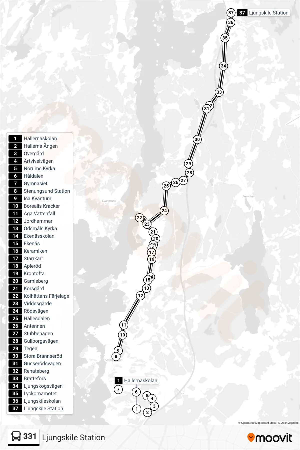 Rutt och hållplatser på karta för linje 331 spårvagn, (Ljungskile Station)