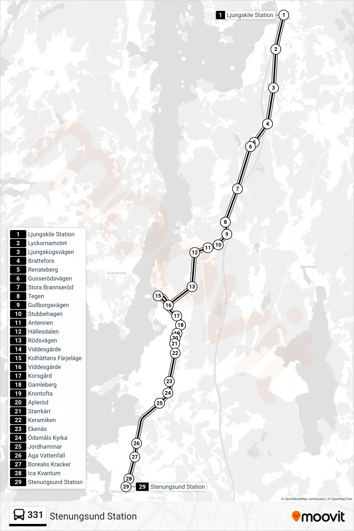Rutt och hållplatser på karta för linje 331  spårvagn, (Stenungsund Station)