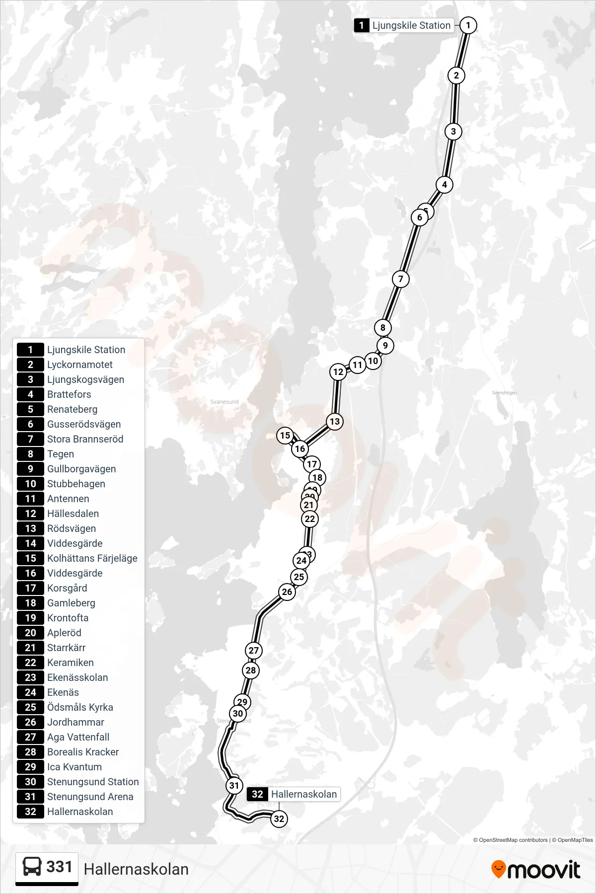 Rutt och hållplatser på karta för linje 331  spårvagn, (Hallernaskolan)
