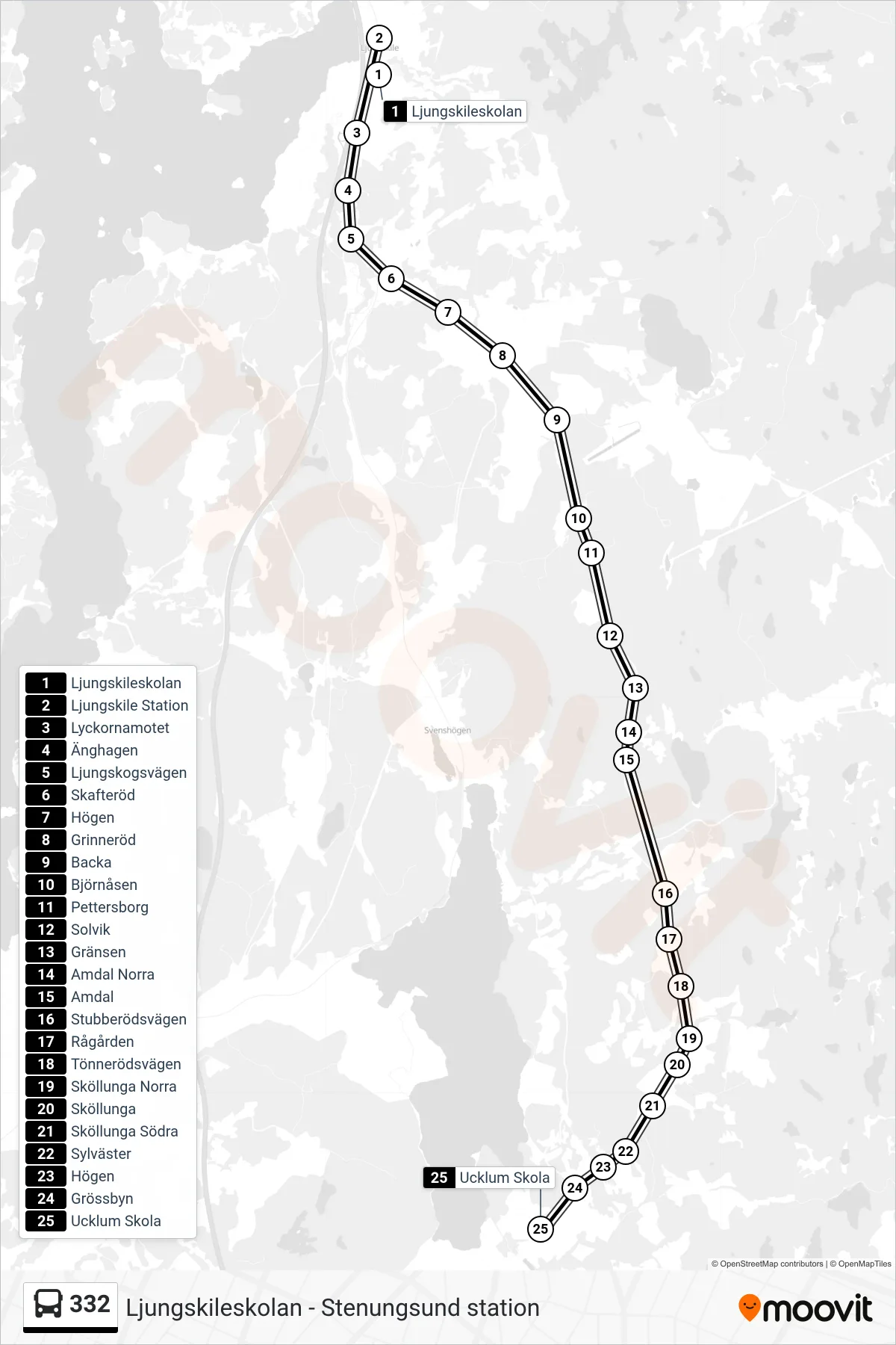 Rutt och hållplatser på karta för linje 332  spårvagn, (Ucklum Skola)