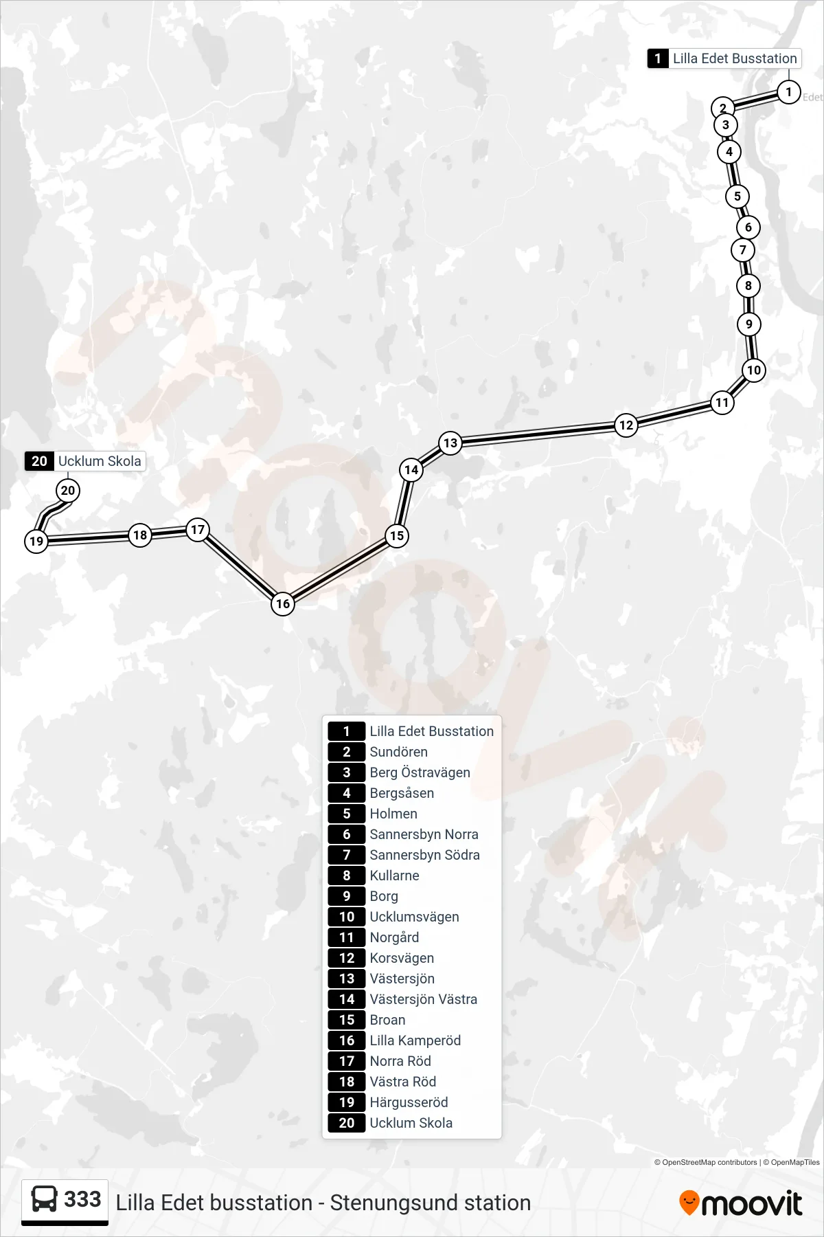 Rutt och hållplatser på karta för linje 333 spårvagn, (Ucklum Skola)