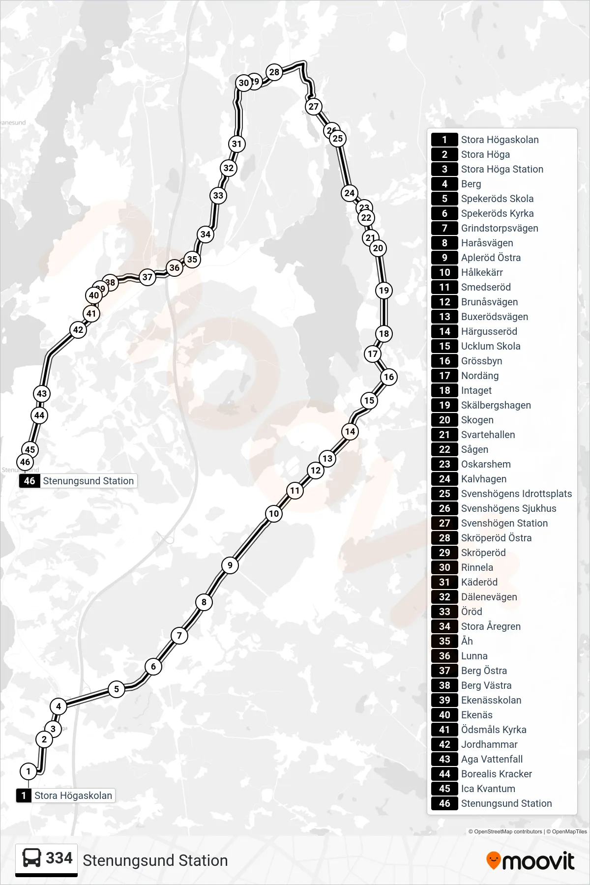 Rutt och hållplatser på karta för linje 334 spårvagn, (Stenungsund Station)