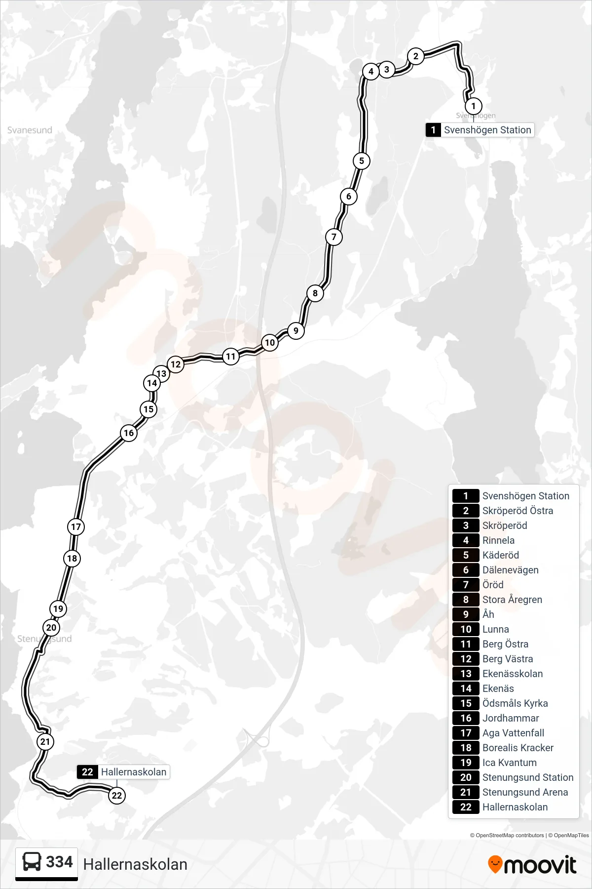 Rutt och hållplatser på karta för linje 334  spårvagn, (Hallernaskolan)