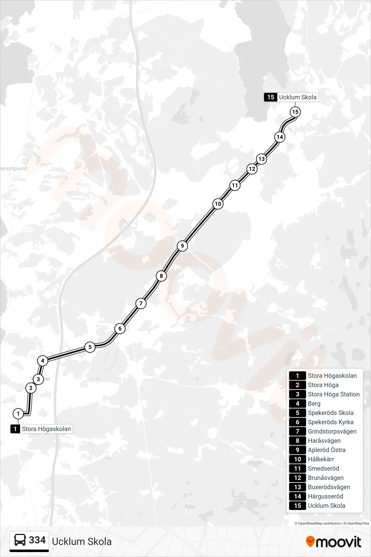 Rutt och hållplatser på karta för linje 334 spårvagn, (Ucklum Skola)