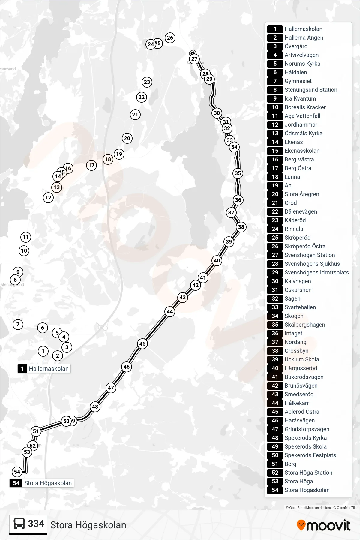 Rutt och hållplatser på karta för linje 334 spårvagn, (Stora Högaskolan)