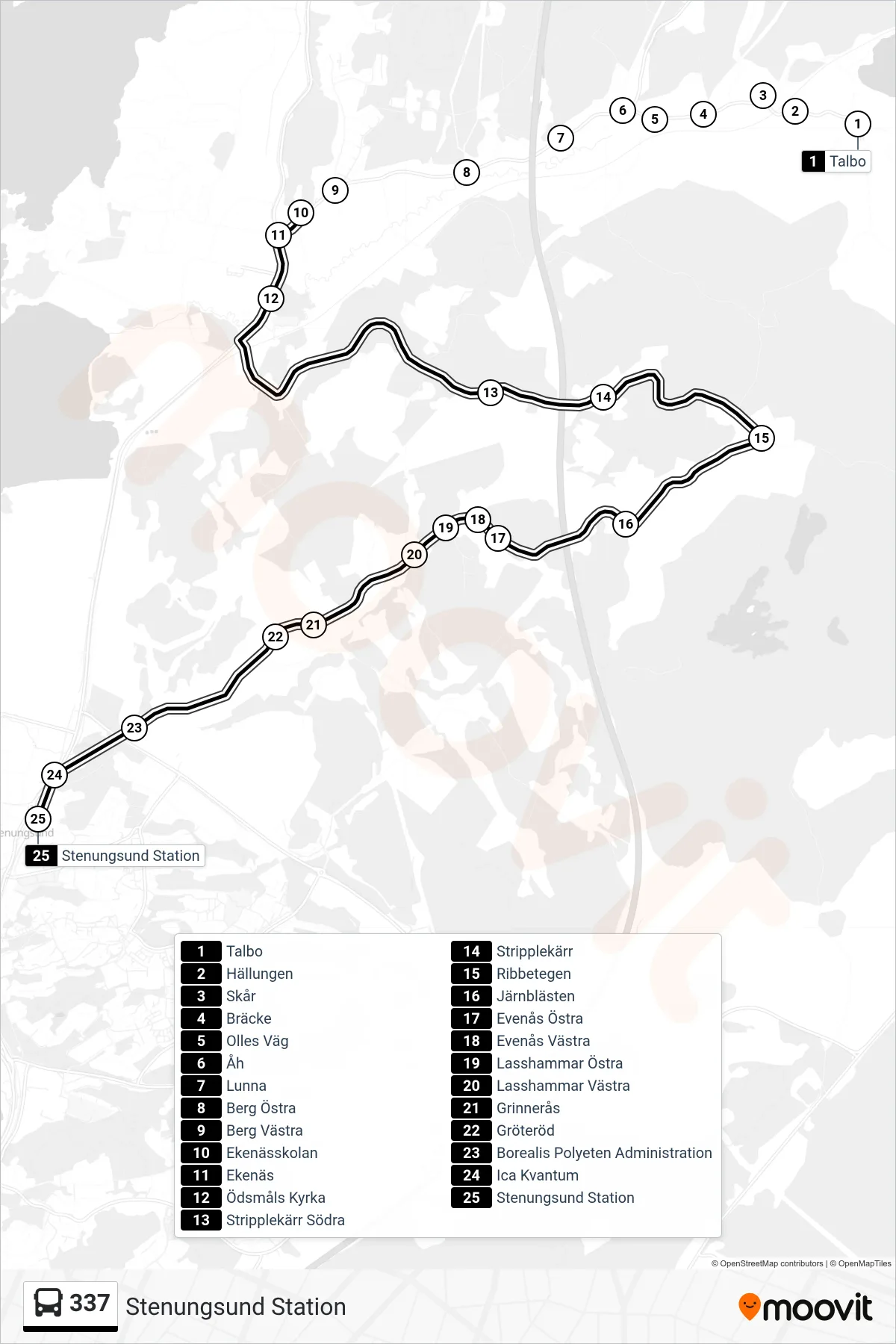 Rutt och hållplatser på karta för linje 337  spårvagn, (Stenungsund Station)