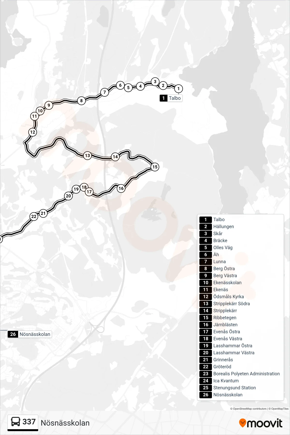 Rutt och hållplatser på karta för linje 337 spårvagn, (Nösnässkolan)