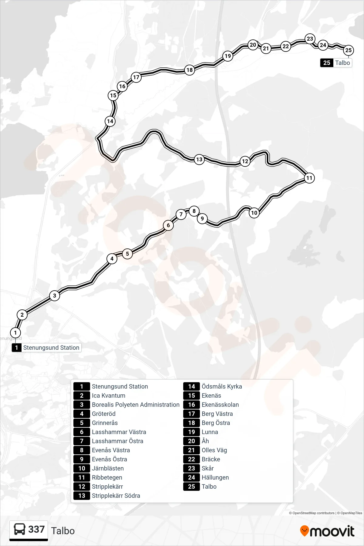 Rutt och hållplatser på karta för linje 337 spårvagn, (Talbo)