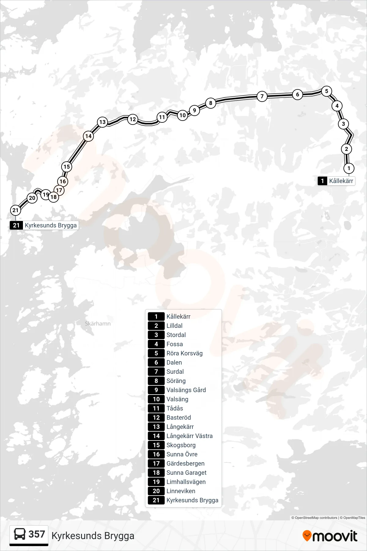 Rutt och hållplatser på karta för linje 357 spårvagn, (Kyrkesunds Brygga)