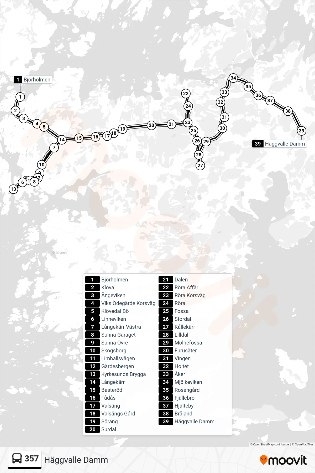 Rutt och hållplatser på karta för linje 357  spårvagn, (Häggvalle Damm)