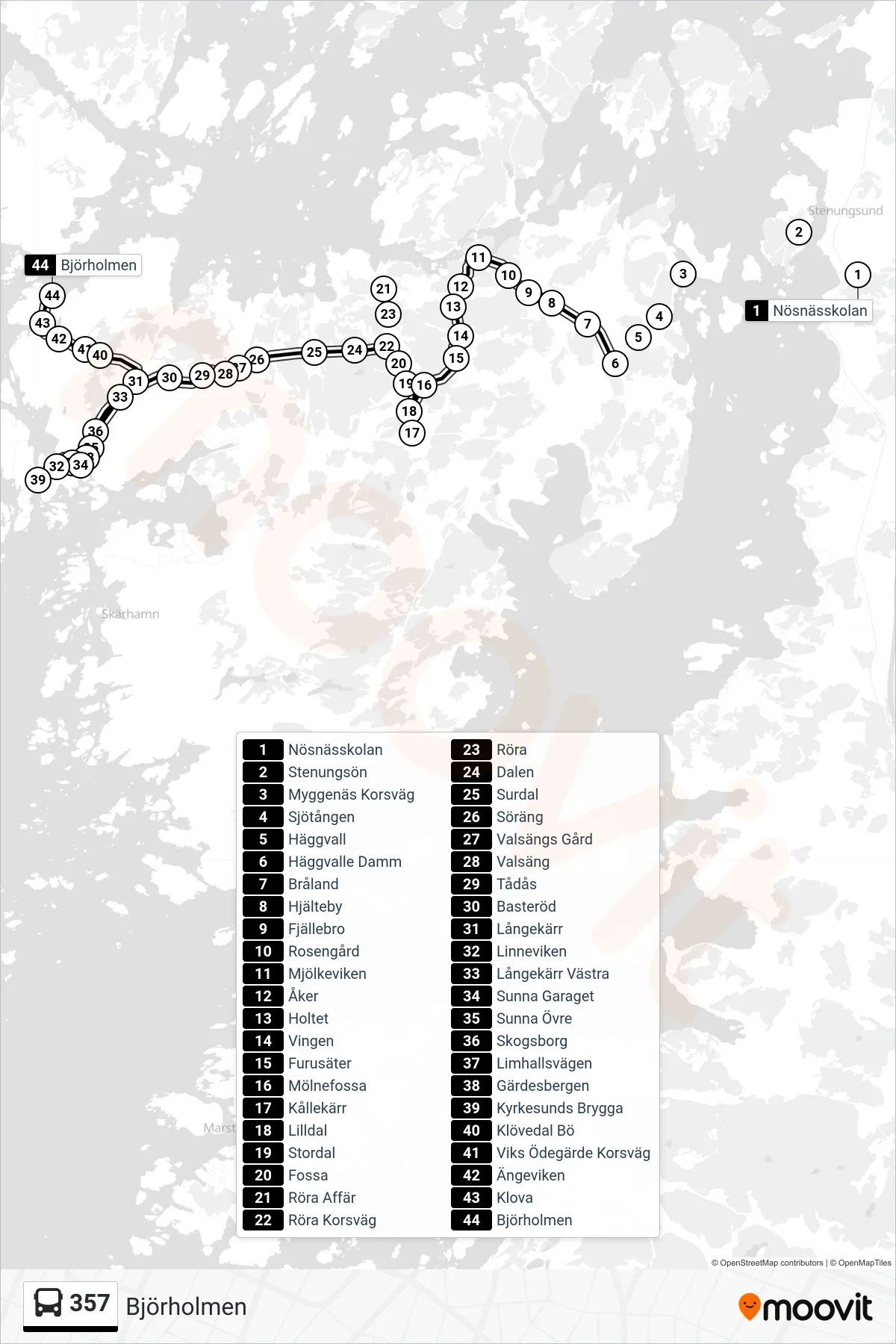 Rutt och hållplatser på karta för linje 357 spårvagn, (Björholmen)