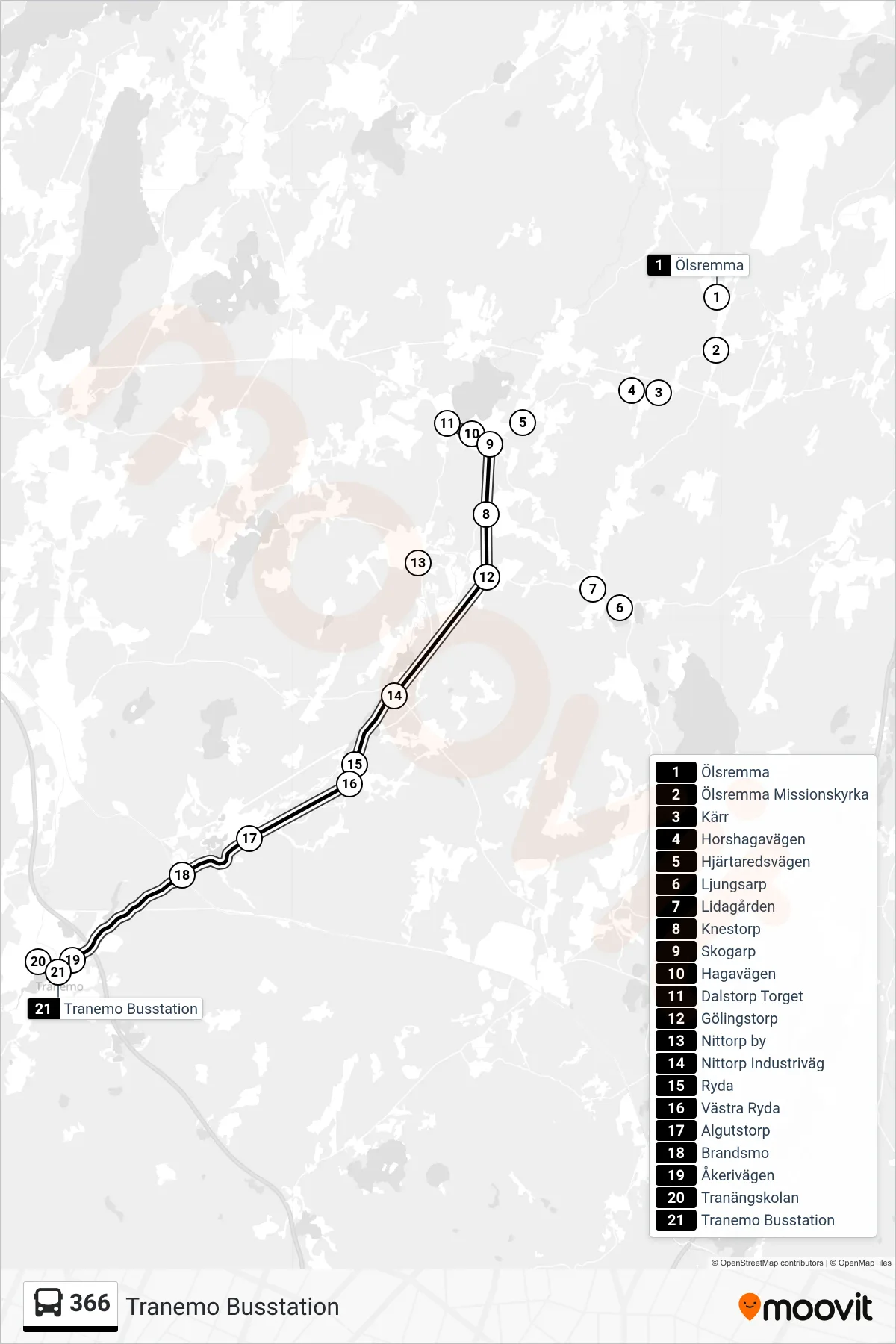 Rutt och hållplatser på karta för linje 366  spårvagn, (Tranemo Busstation)