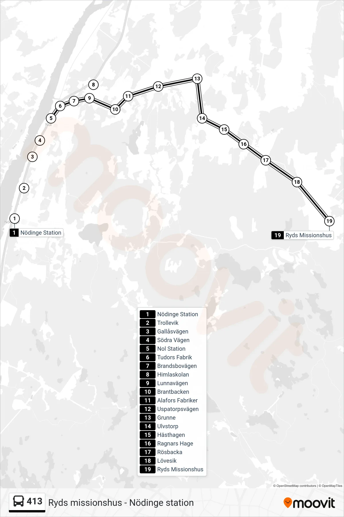 Rutt och hållplatser på karta för linje 413 spårvagn, (Ryds Missionshus)