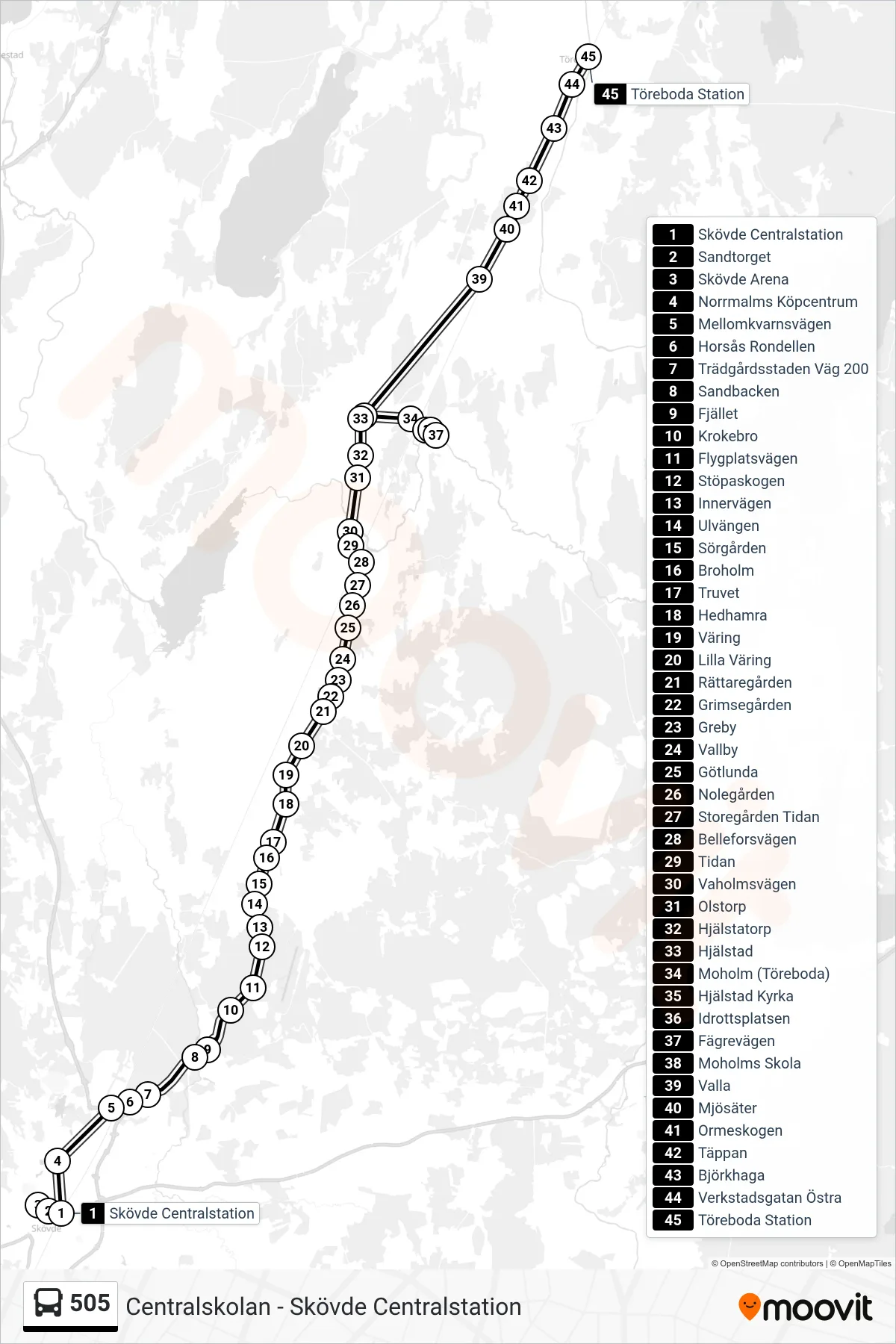 Rutt och hållplatser på karta för linje 505 spårvagn, (Töreboda Station)