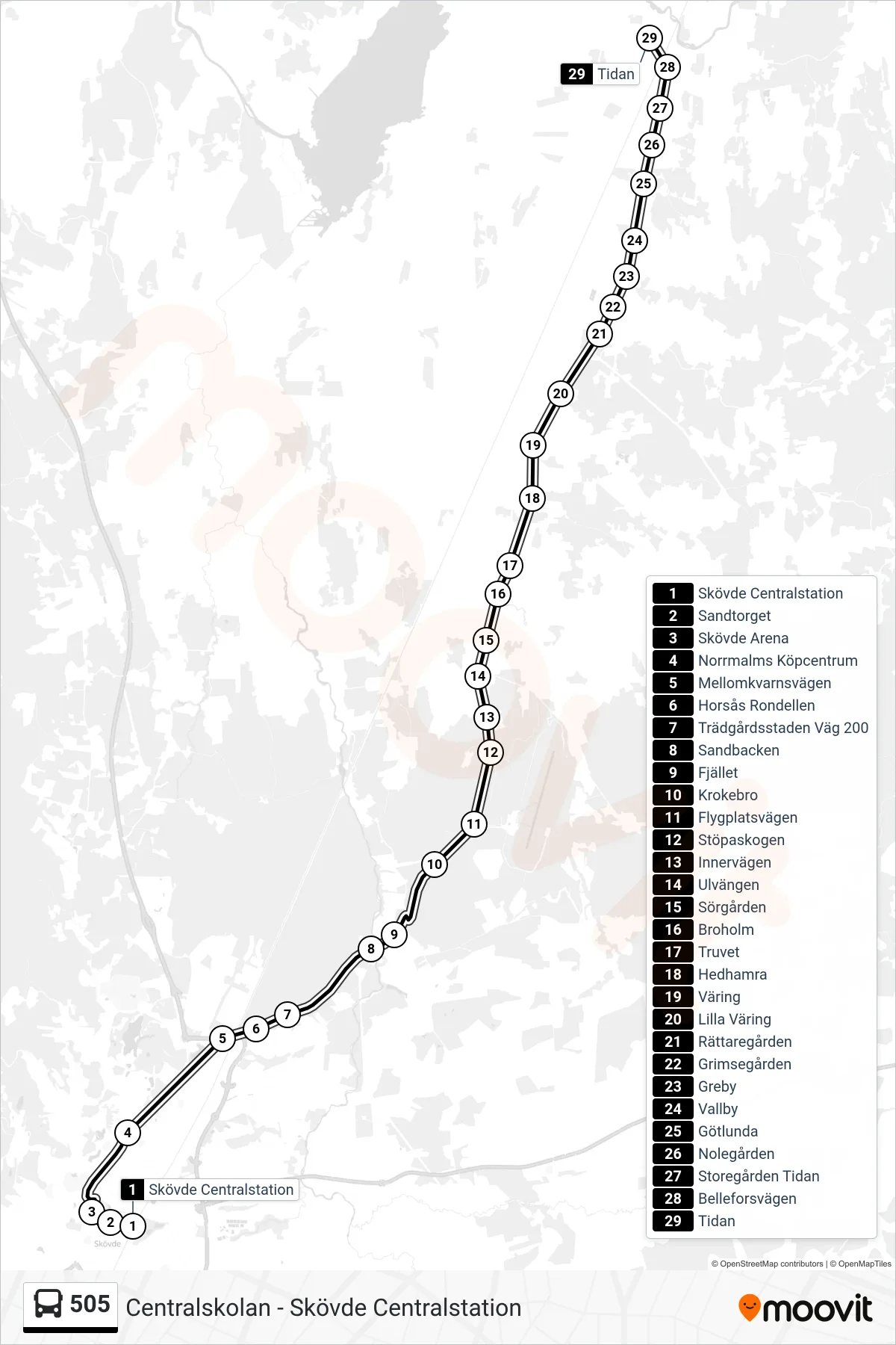 Rutt och hållplatser på karta för linje 505  spårvagn, (Tidan)