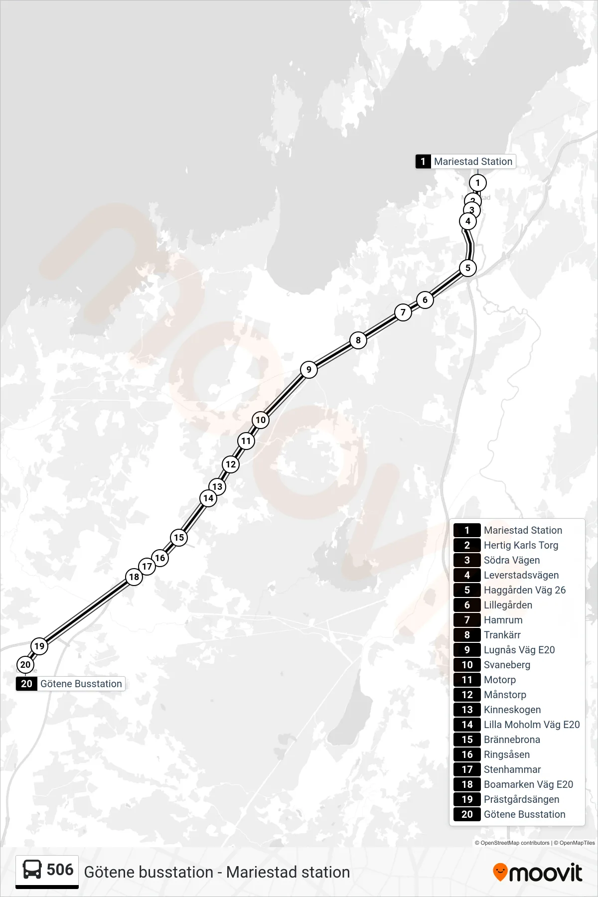 Rutt och hållplatser på karta för linje 506  spårvagn, (Götene Busstation)