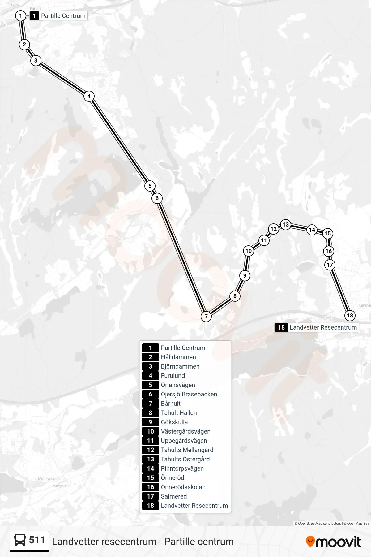 Rutt och hållplatser på karta för linje 511  spårvagn, (Landvetter Resecentrum)