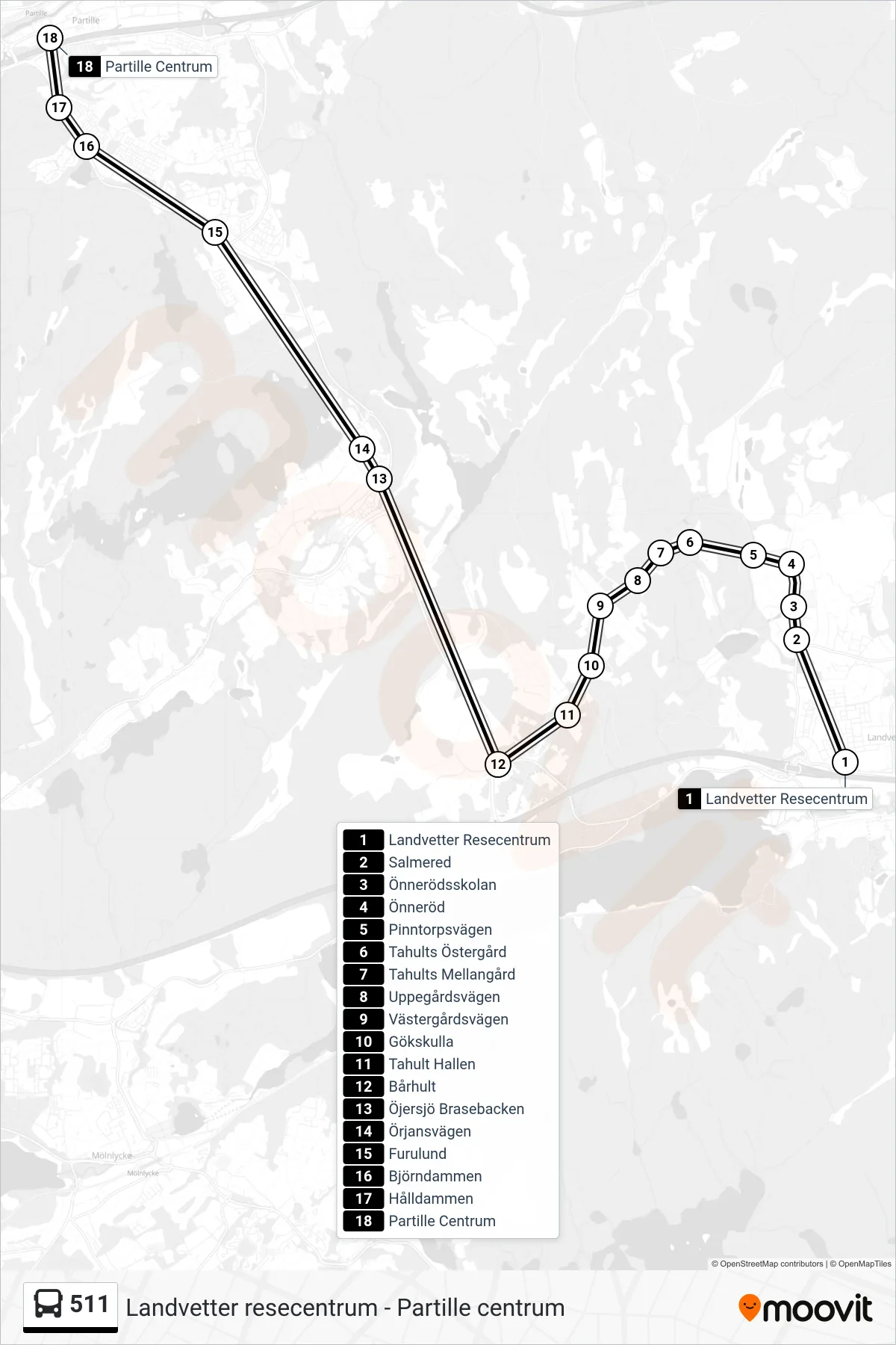 Rutt och hållplatser på karta för linje 511  spårvagn, (Partille Centrum)