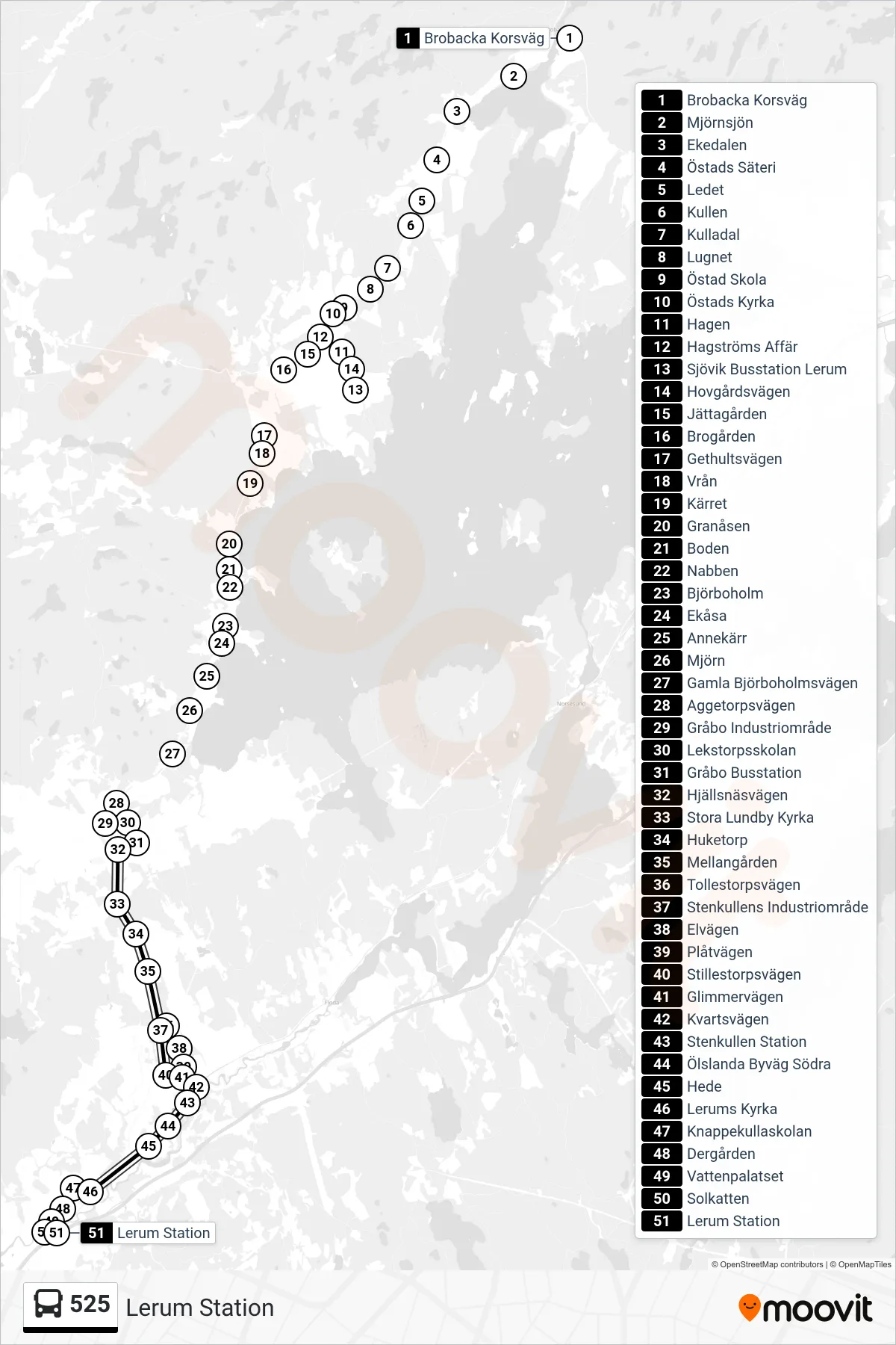 Rutt och hållplatser på karta för linje 525  spårvagn, (Lerum Station)