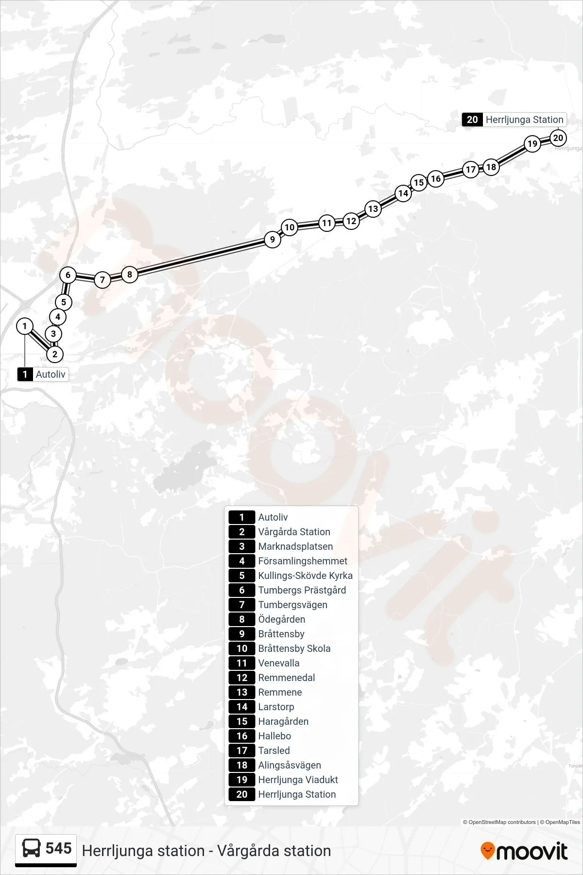 Rutt och hållplatser på karta för linje 545 spårvagn, (Herrljunga Station)
