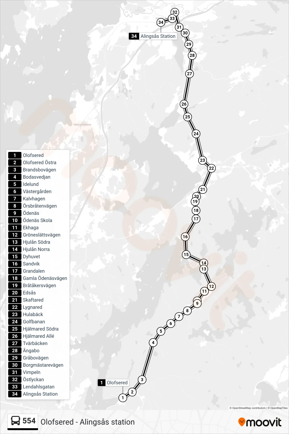 Rutt och hållplatser på karta för linje 554  spårvagn, (Alingsås Station)