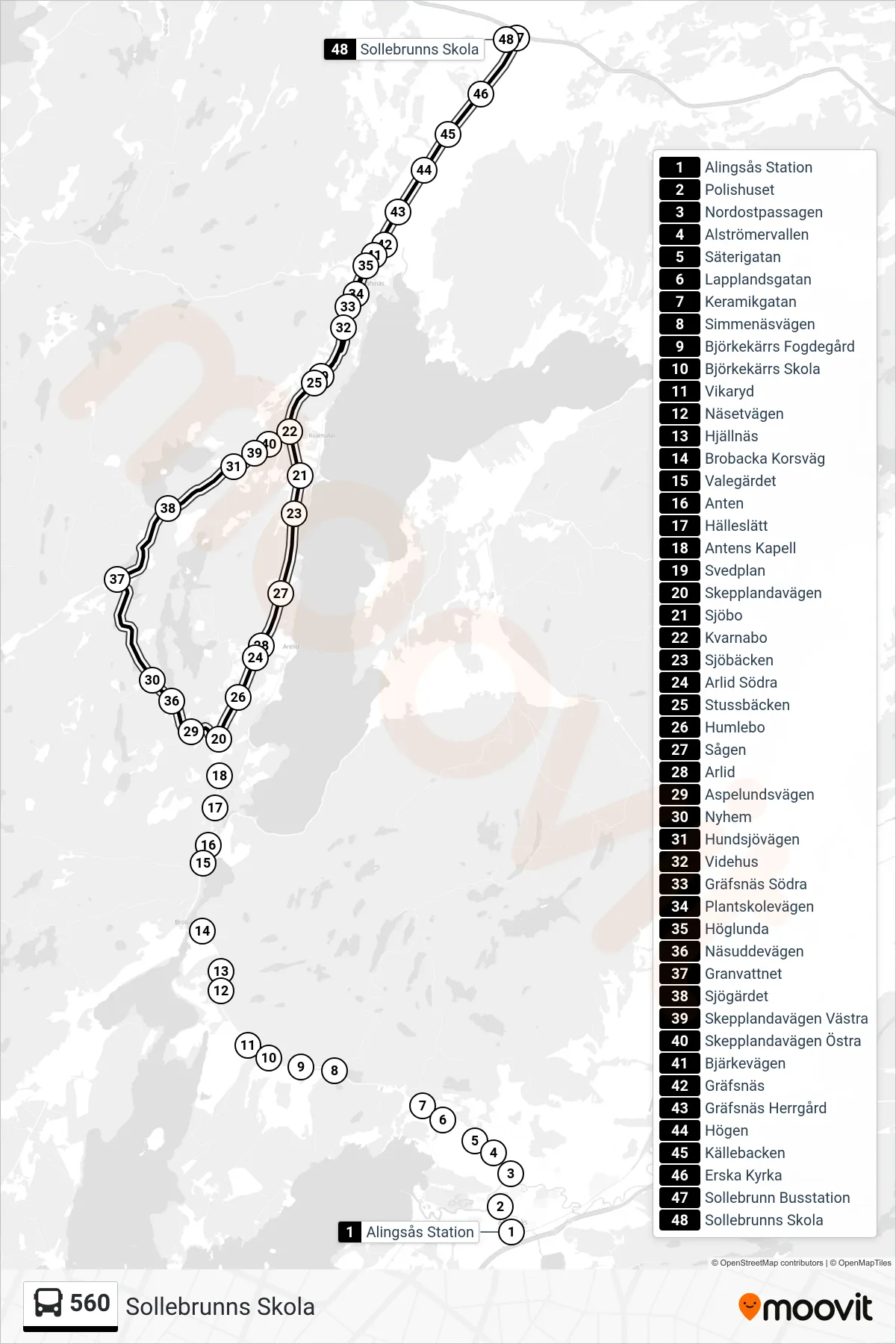 Rutt och hållplatser på karta för linje 560 spårvagn, (Sollebrunns Skola)