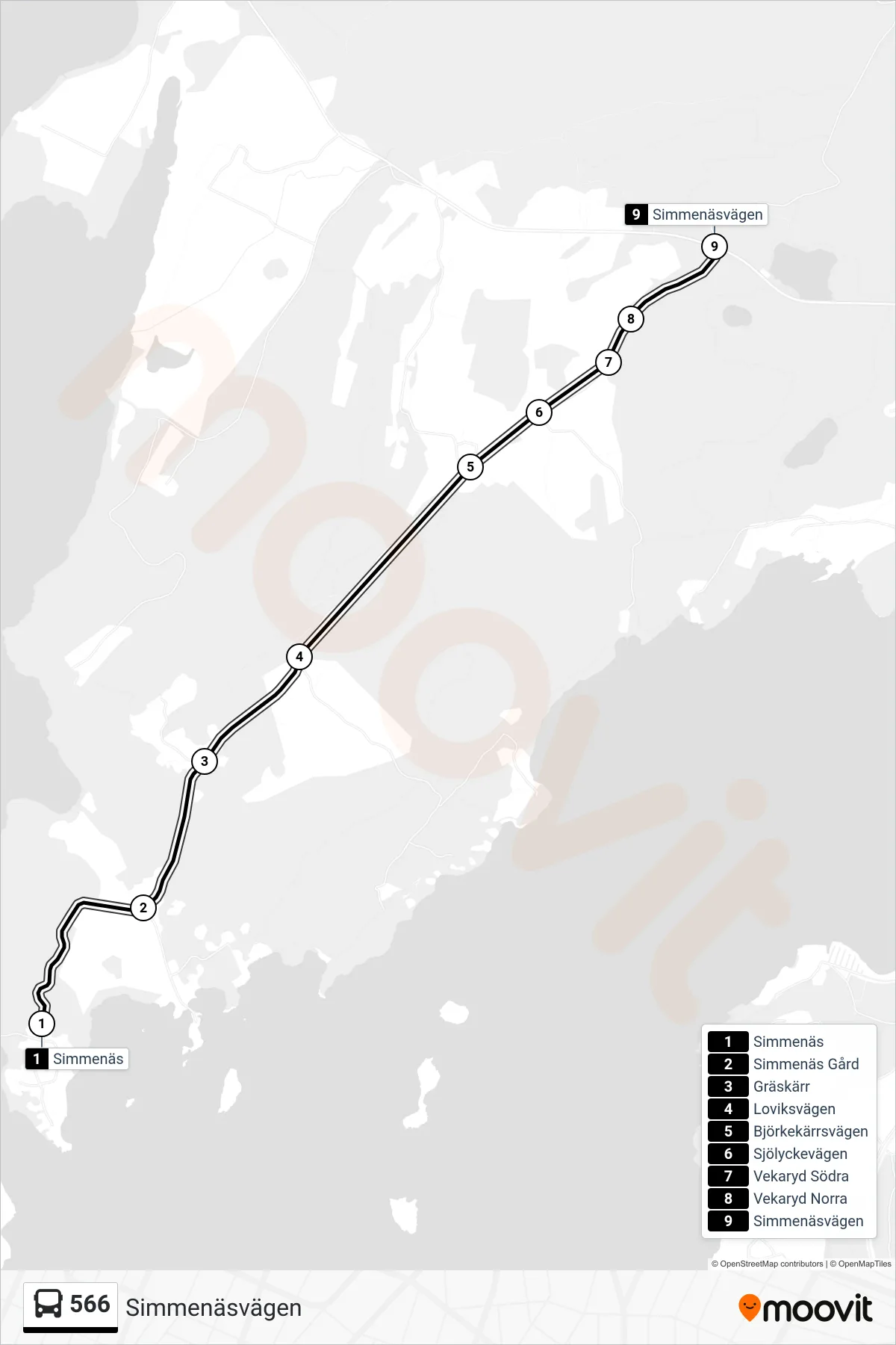 Rutt och hållplatser på karta för linje 566  spårvagn, (Simmenäsvägen)